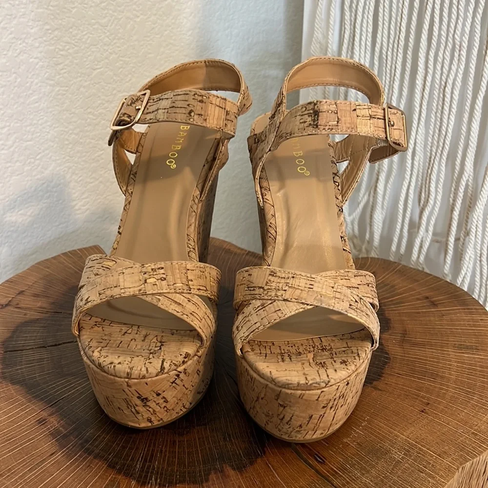 Cork Platform Wedge Sandals - Natural Tan